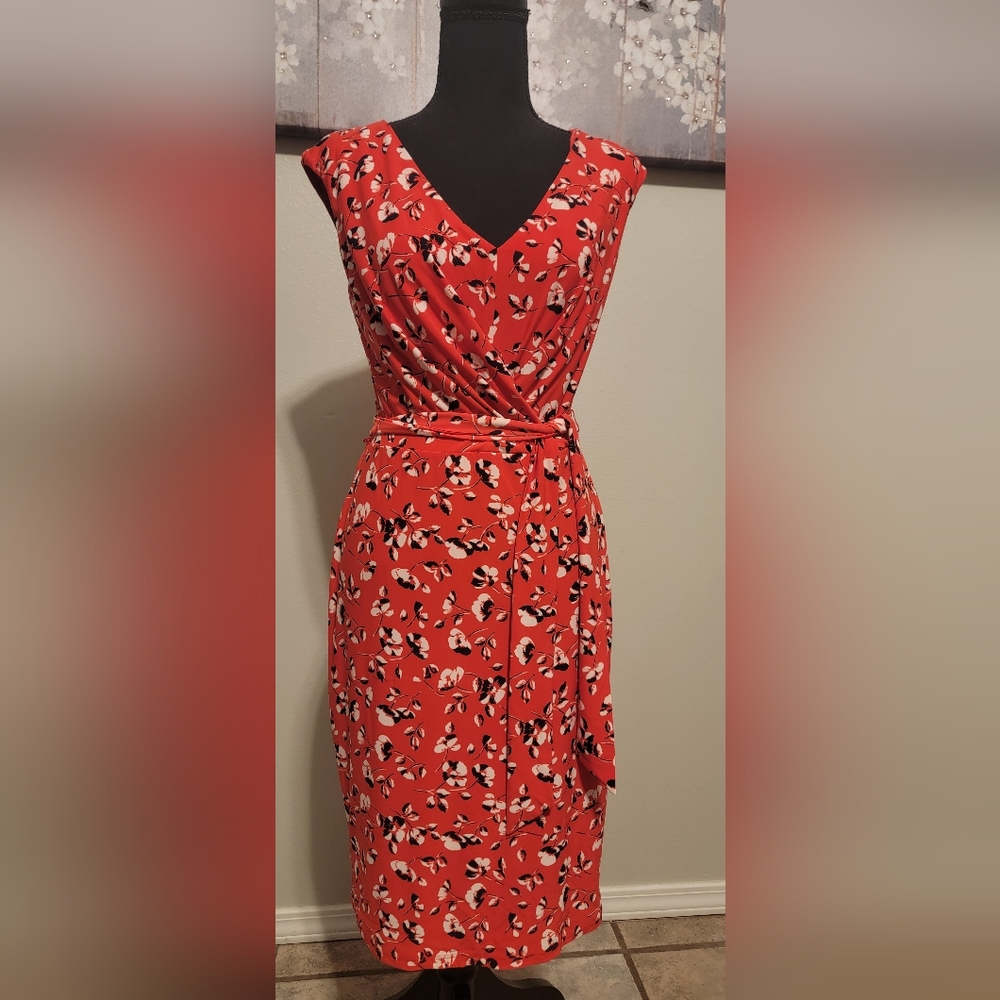 Ralph Lauren Womens Dress Floral Belted V-neck Sleeveless Jersey Red Size 4